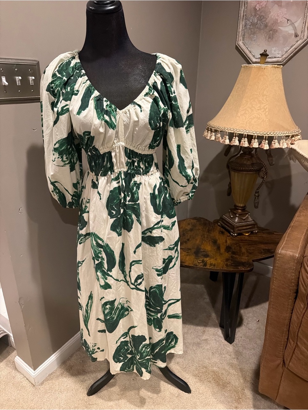 Time and Tru White Midi Dress with Dark Green Floral Print